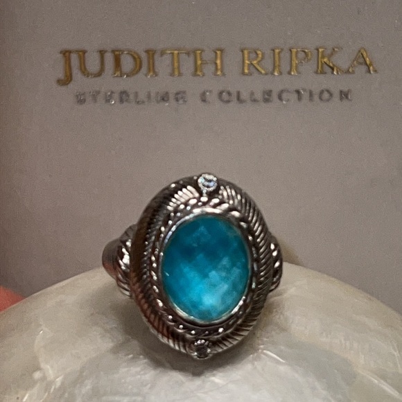 Gorgeous Judith Ripka neo light blue checkerboard facet stone ring size 7